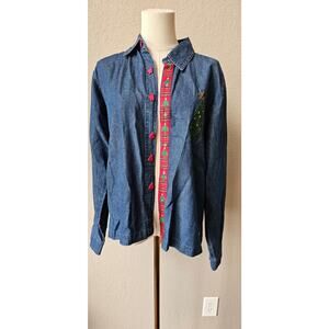 Vintage Carrie Allen Denim Embellished‎ Christmas Tree Button Shirt Top Small